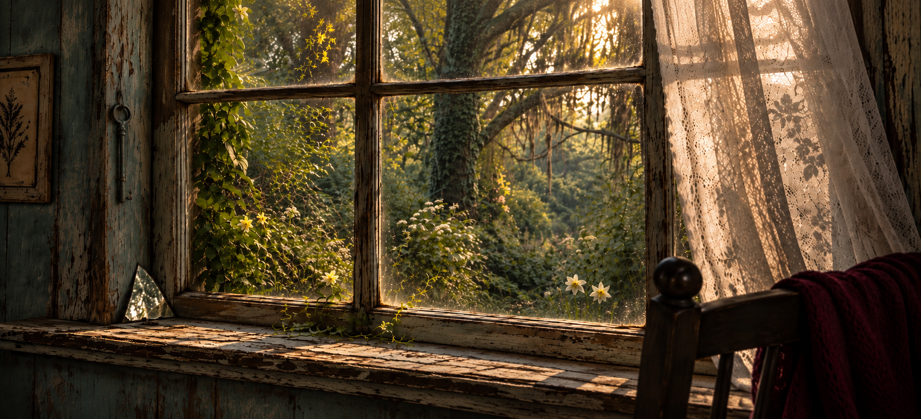 An old paint-worn window in golden light, a lace curtain blowing in, an iron key hanging on the wall and a glass shard on the sill, a wild green garden beyond.
