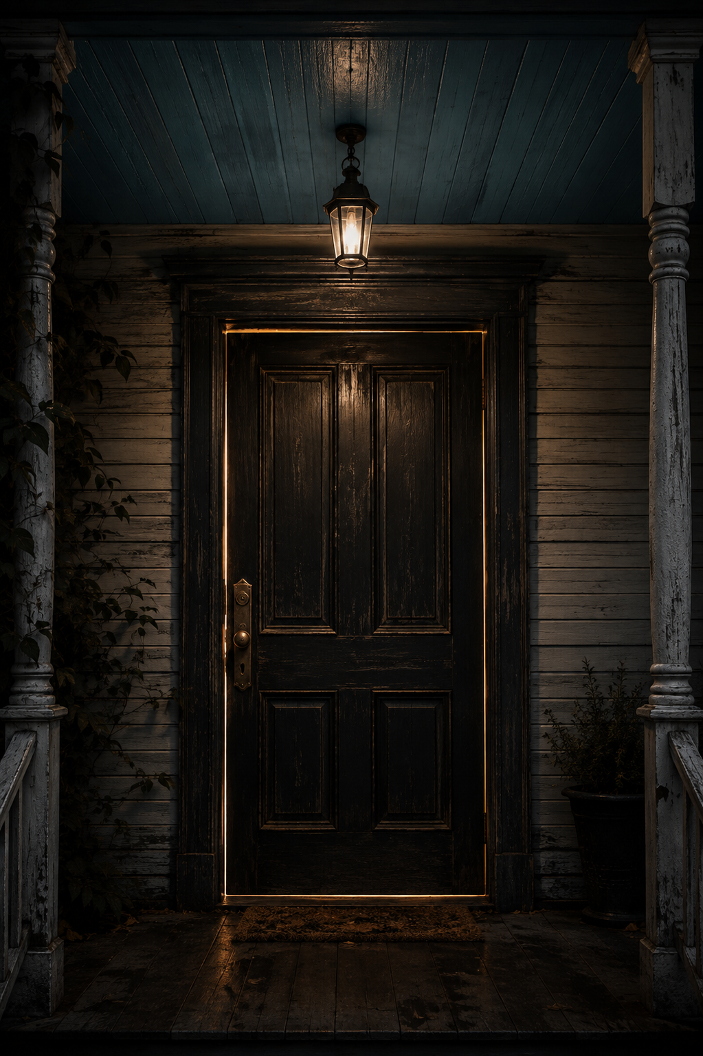 A weathered dark front door on an old Southern porch at night, lit by a warm lantern beneath a haint-blue ceiling.